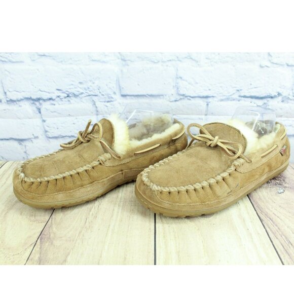 LL Bean Brown Suede Wicked Good Shearling Lined Moccasin Slippers Size 7 M - Picture 2 of 9